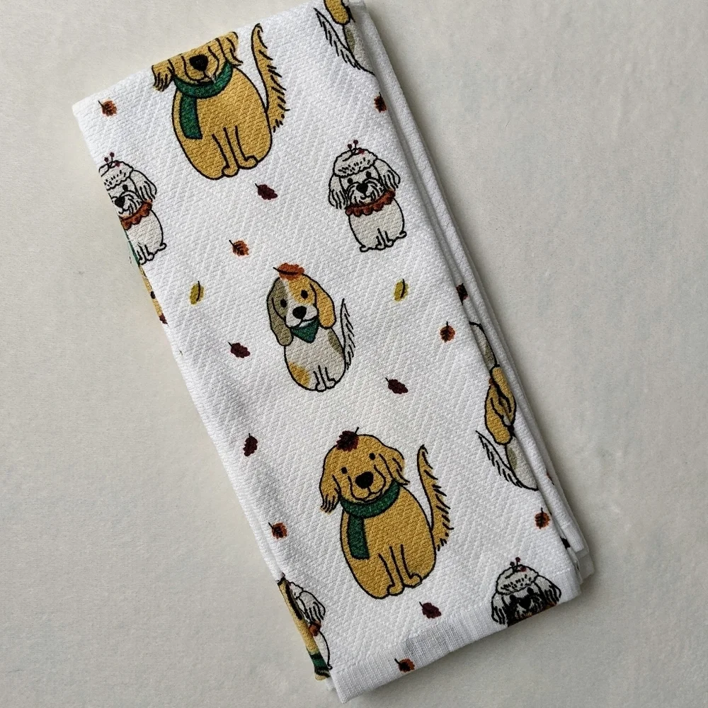 Dog Print Fall Autumn Leaves Theme Kitchen Towel Set Of Two White Multi NWT